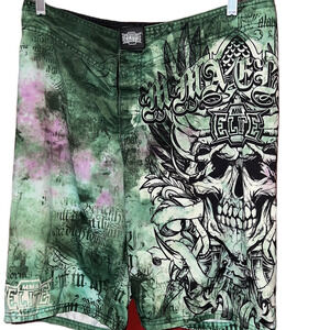 MMA Elite Mens Board Shorts Size Large Y2K Green Skulls Swim Trunk M